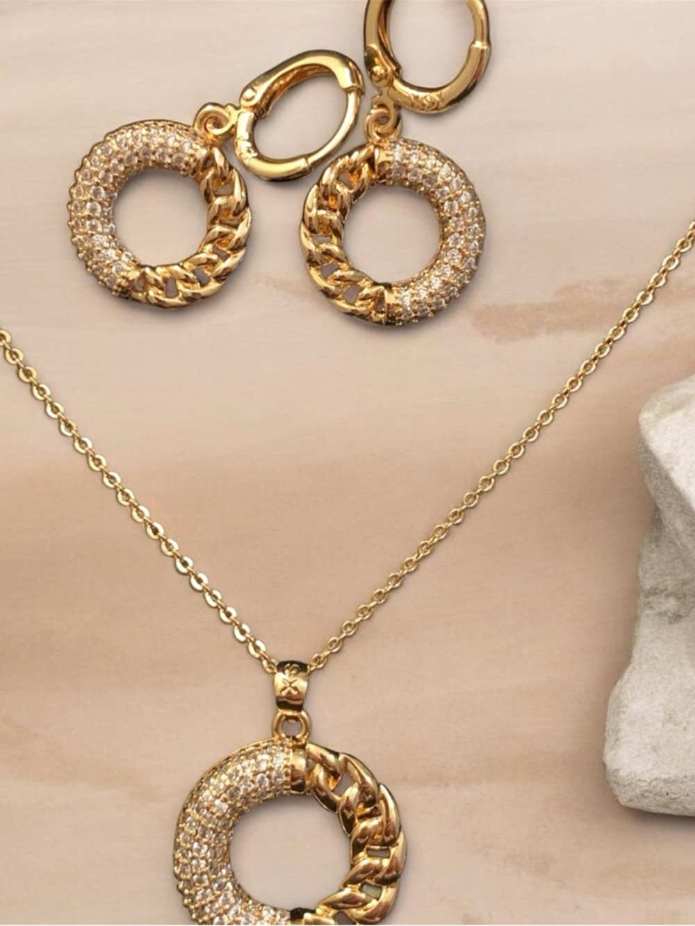 Gold Circular Pave Chain Pendant Necklace and Earrings Set